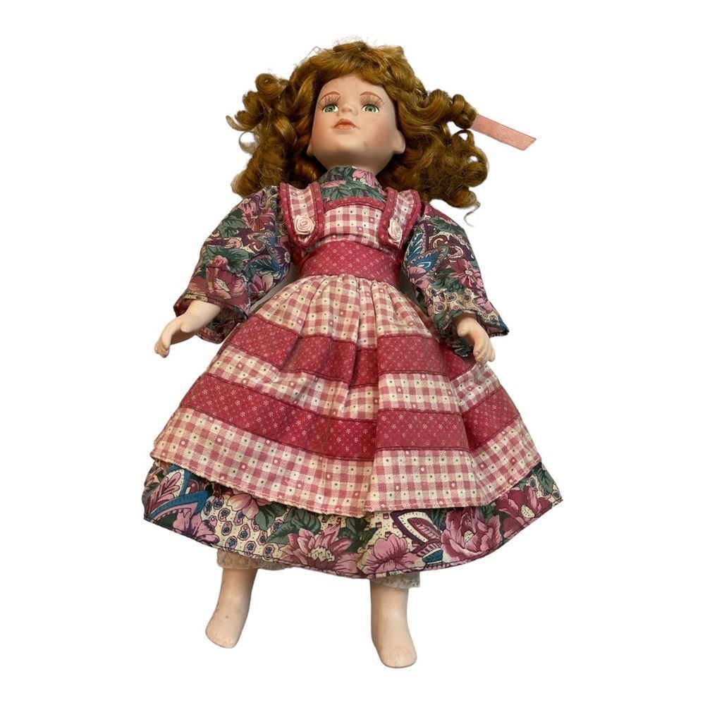 Vintage Porcelain Doll, Blonde Girl, Pink Flower Dress, Green Eyes Tall 15”. - Picture 16 of 16
